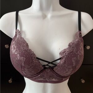 La SENZA Lace Push-Up Bra in Mauve with Crisscross Straps and Rhinestones
